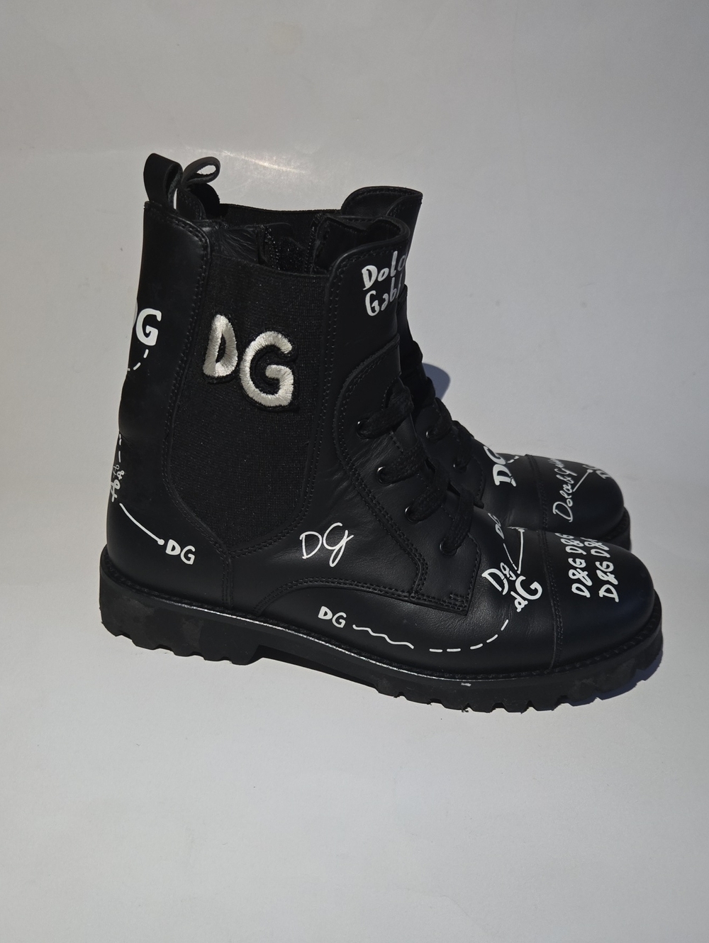 Dolce & Gabbana Kids Leather Graffiti Combat Boots EU 34 US 2.5Y 3Y Black